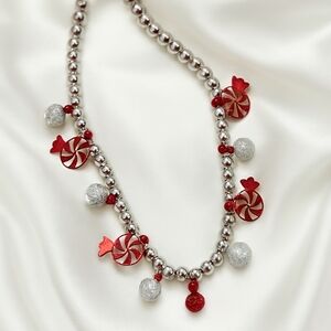Holiday Peppermint Swirl Necklace – Red Glitter Beads & Silver Accents Jewelry